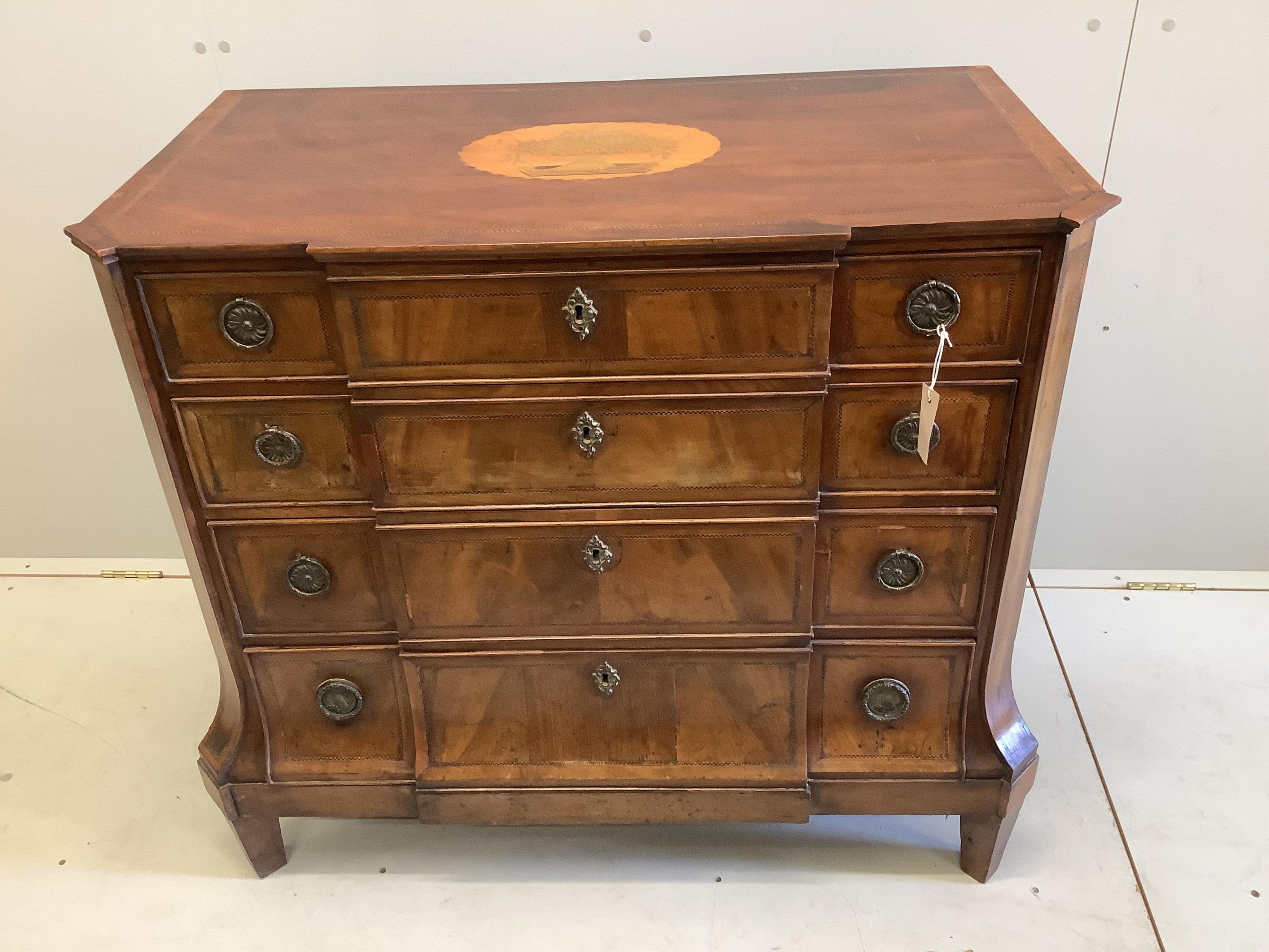 A 19th century Continental inlaid mahogany four drawer chest, width 96cm, depth 51cm, height 87cm. Condition - fair
